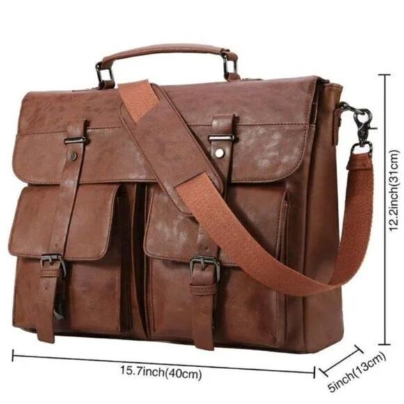 NEW Leather Messenger Bag for Men 15.6 Inch Vintage Laptop Briefcase Brown - Picture 5 of 7